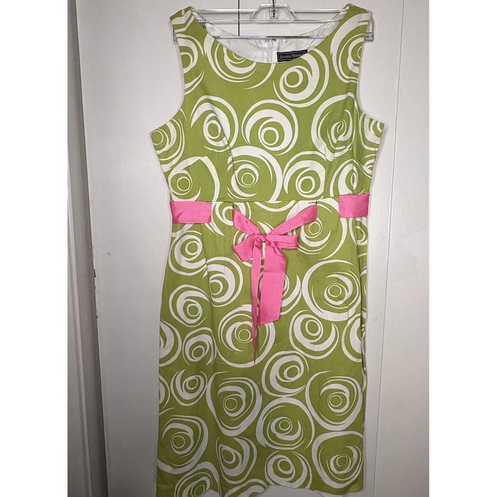 Vintage Jessica Howard Women's Size 10  Green Pink Bow Tie A-Line Dress Festive